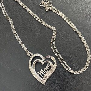 Silver Heart 'Mom' Rhinestone Pendant Necklace